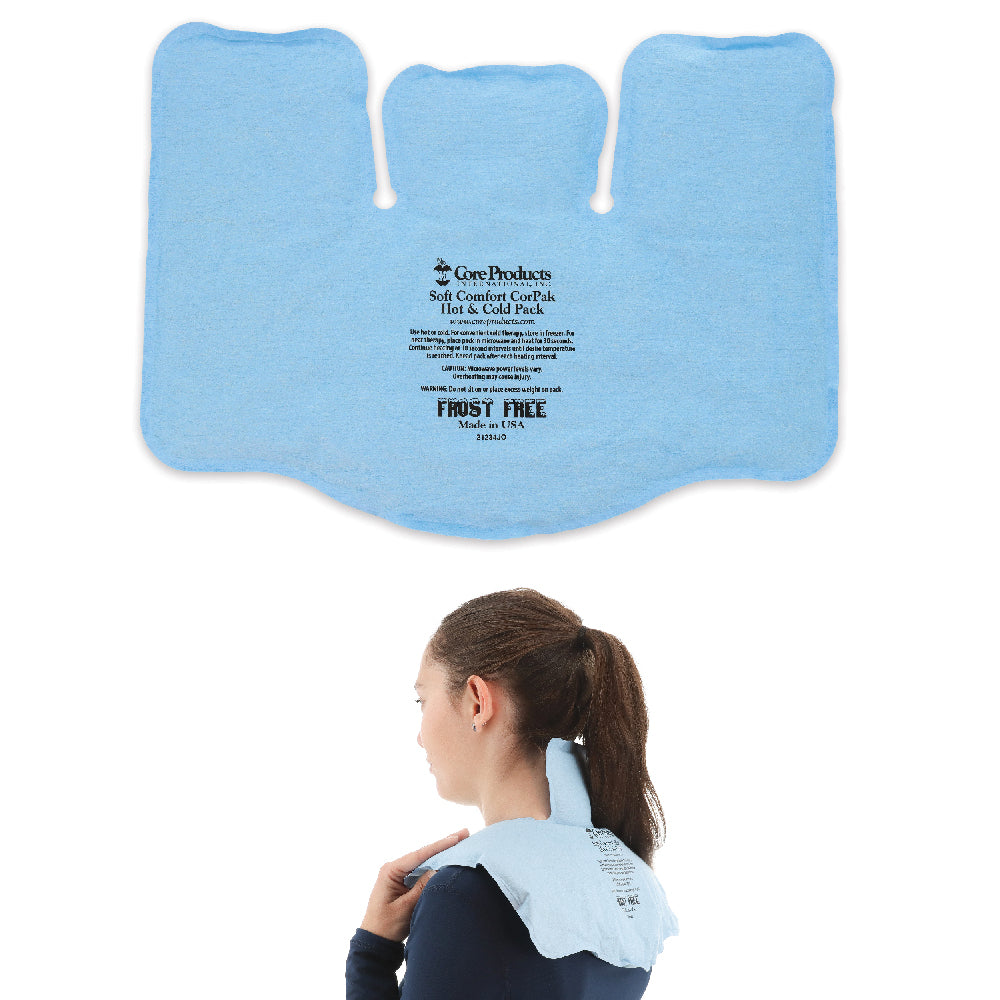 Core Products Soft Comfort CorPak tri-sectional hot and cold therapy pack shown flat and contoured around the neck and shoulders on a woman. Blue fabric design provides targeted coverage for neck and upper back relief with flexible, reusable comfort.
