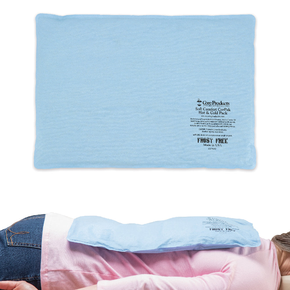 Core Products Soft Comfort CorPak X-Large hot and cold therapy pack shown flat with “FROST FREE Made in USA” text and applied along the back of a person lying down. Blue fabric pack provides flexible, full-coverage relief for back pain, muscle tension, and inflammation.