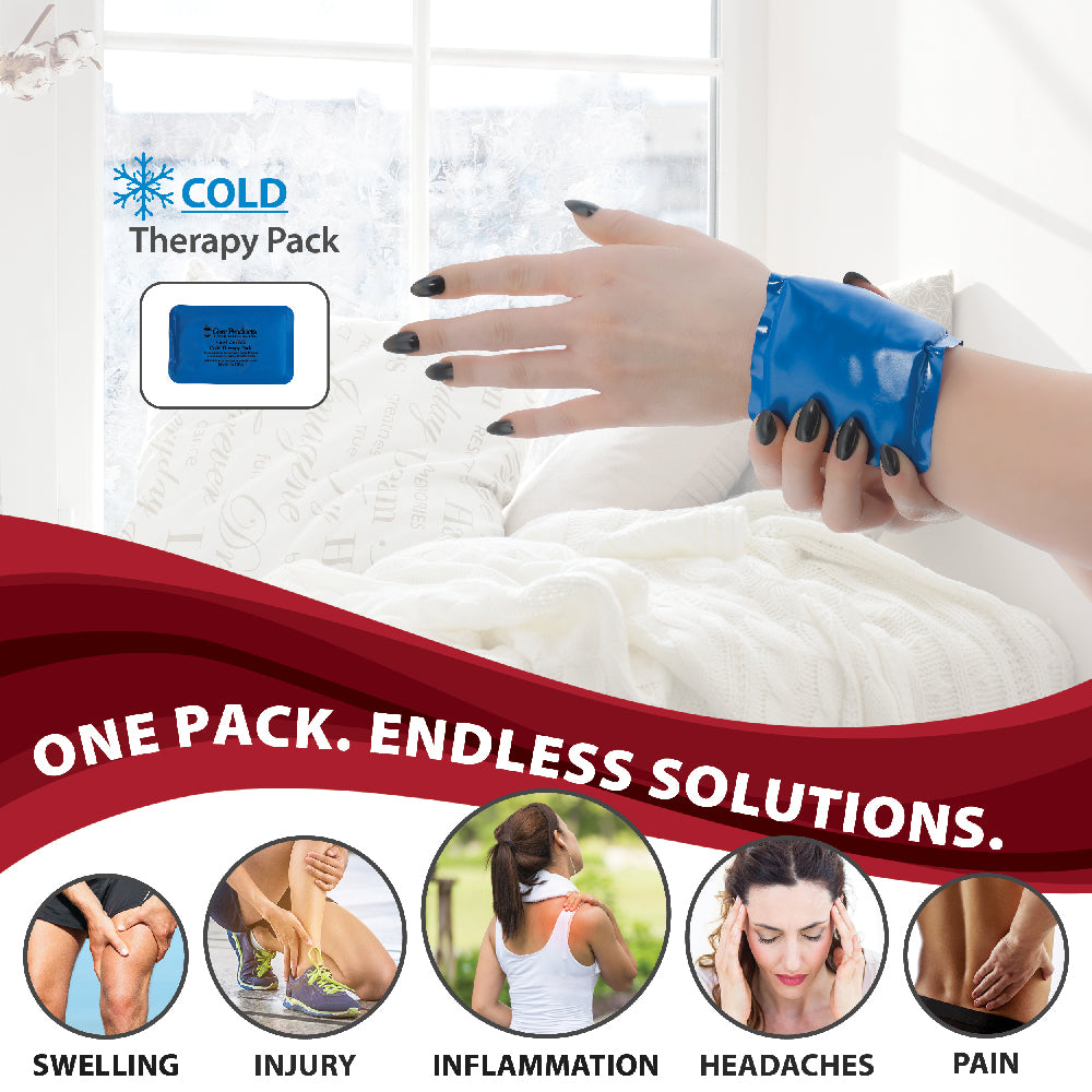 Core Products® Vinyl CorPak® Cold Therapy Pack shown in a compact size applied to the wrist for targeted relief. Graphic includes “COLD Therapy Pack” and “ONE PACK. ENDLESS SOLUTIONS.” Icons highlight common uses such as swelling, injury, inflammation, headaches, and pain, emphasizing versatile, on-the-go cold therapy.