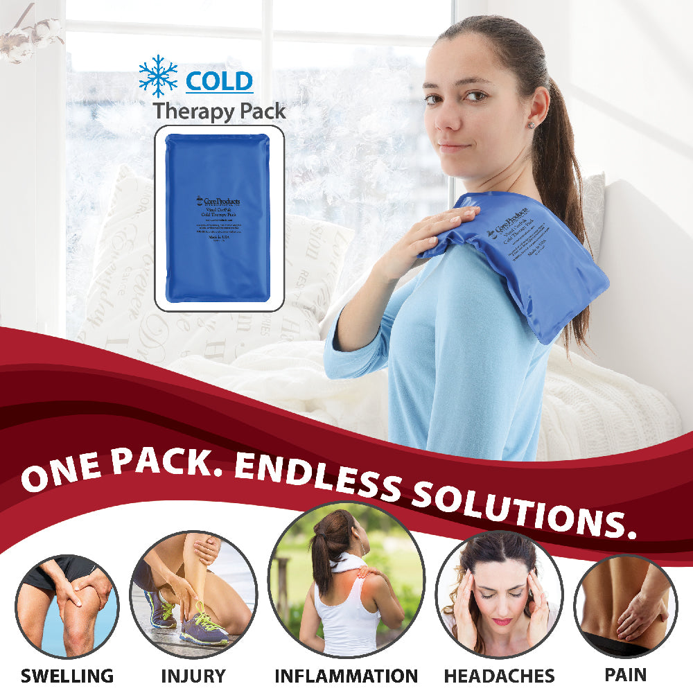 Core Products® Vinyl CorPak® Cold Therapy Pack in blue, shown applied to a woman’s shoulder for targeted relief. Image includes text “COLD Therapy Pack” and “ONE PACK. ENDLESS SOLUTIONS.” Icons highlight uses for swelling, injury, inflammation, headaches, and pain. The flexible vinyl design delivers intense cold therapy while conforming comfortably to the body.