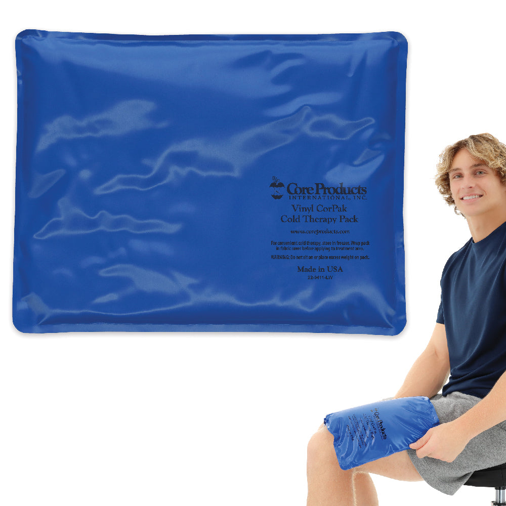 Core Products® Vinyl CorPak® Cold Therapy Pack in a large rectangular size, shown alongside a user applying it to the knee for targeted relief. The durable blue vinyl pack features printed branding and “Made in USA,” and is designed to stay flexible while delivering effective cold therapy to help reduce pain, swelling, and inflammation.