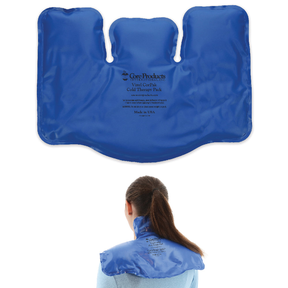 Core Products® Vinyl CorPak® Tri-Sectional Cold Therapy Pack, designed to contour around the neck, shoulders, and upper back for broad coverage. The segmented shape allows the pack to drape comfortably and stay in place while delivering consistent cold therapy. Durable vinyl construction remains flexible when frozen, helping relieve pain, tension, and inflammation across larger treatment areas.