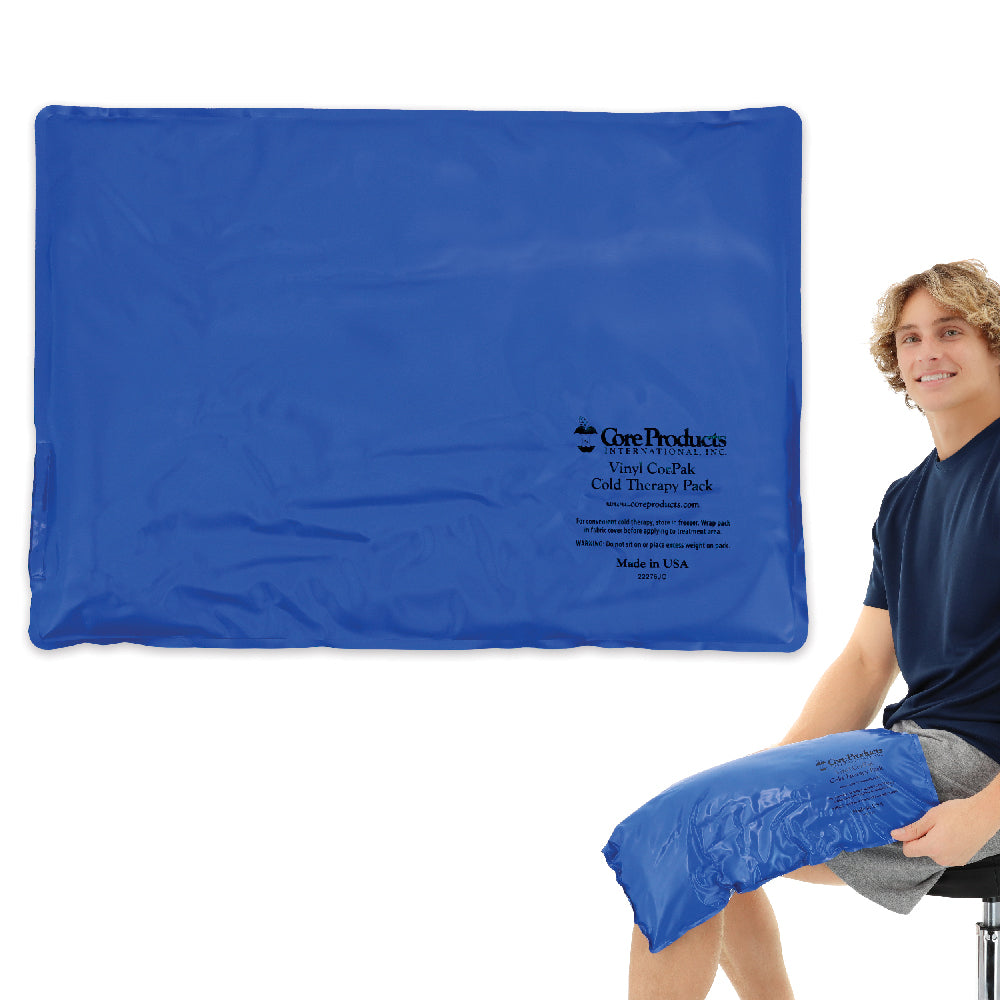 Core Products® Vinyl CorPak® Cold Therapy Pack in a X-large rectangular size, designed for broad coverage areas like the knee, back, or thigh. The durable vinyl exterior stays flexible when frozen, allowing the pack to conform comfortably to the body while delivering consistent cold therapy to help reduce pain, swelling, and inflammation.