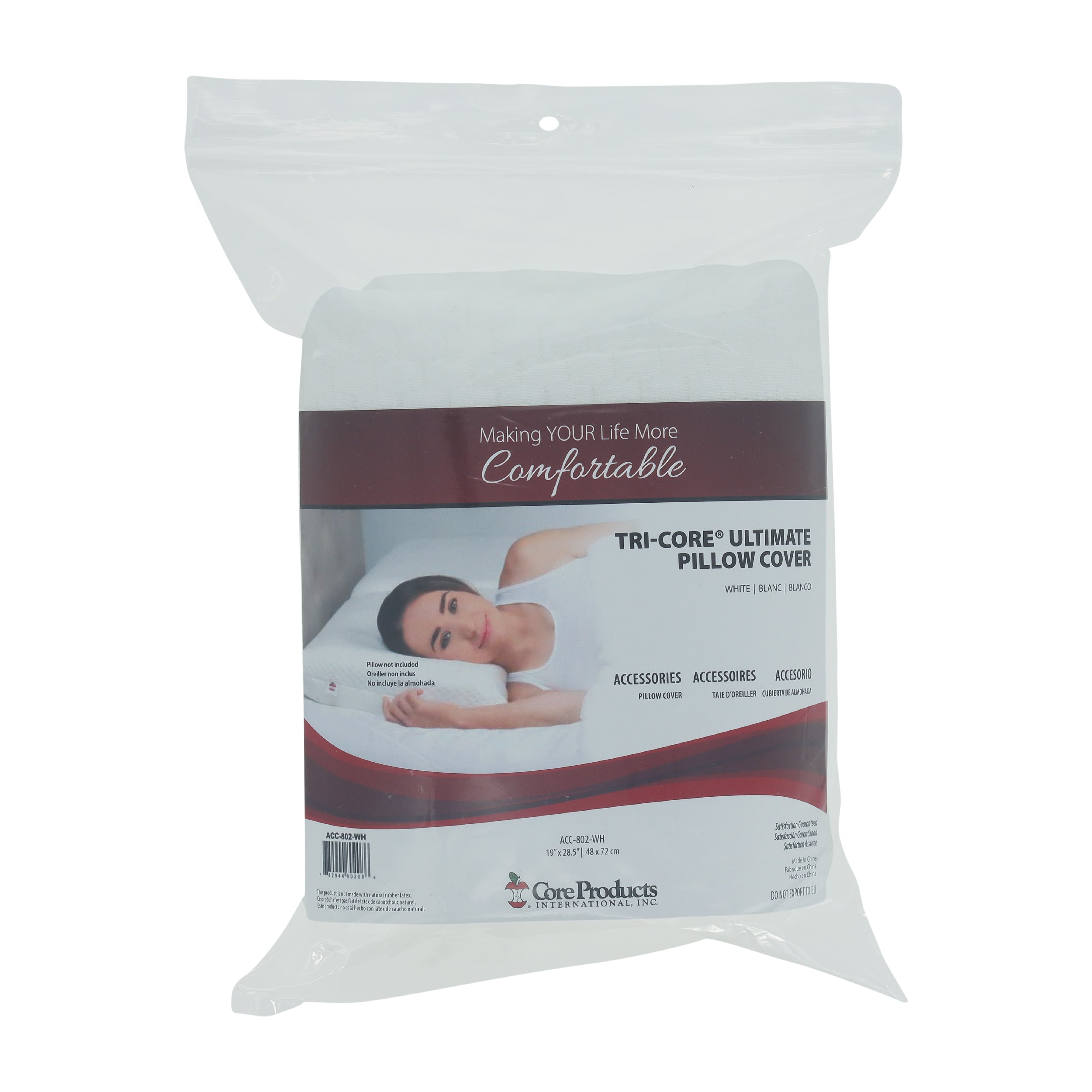 Packaged Core Products® Tri-Core® Ultimate Pillow Cover displayed in a clear retail bag with branded insert. Visible text includes “Making YOUR Life More Comfortable,” “TRI-CORE® ULTIMATE PILLOW COVER,” and “Accessories.” The white textured pillow cover is shown above a photo of a woman resting on a pillow, highlighting this replacement cover accessory for the Tri-Core Ultimate Cervical Support Pillow.