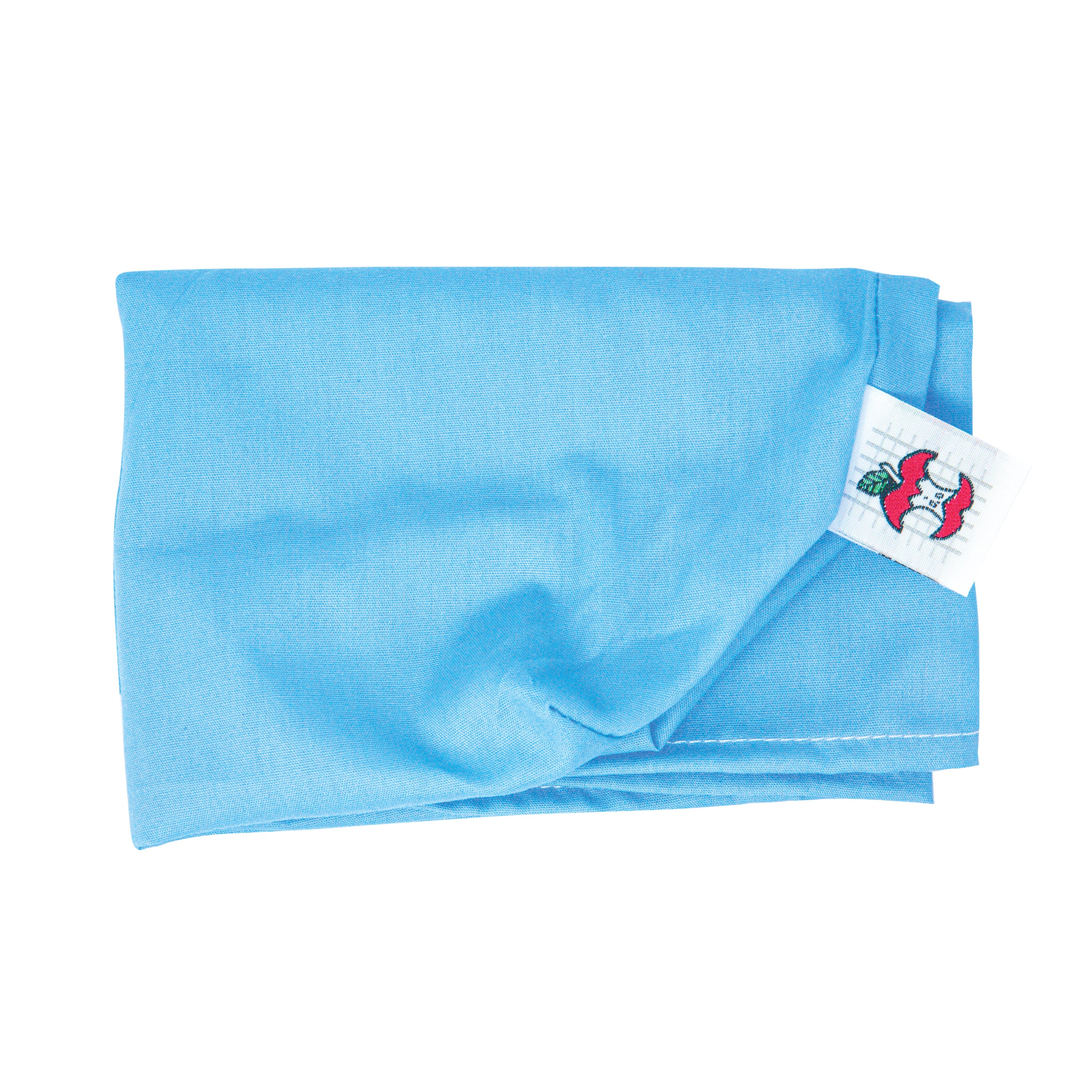 Blue fabric pillow cover for the Econo Leg Spacer, shown folded with a soft textured surface and attached brand tag, designed to fit a leg spacer support cushion.