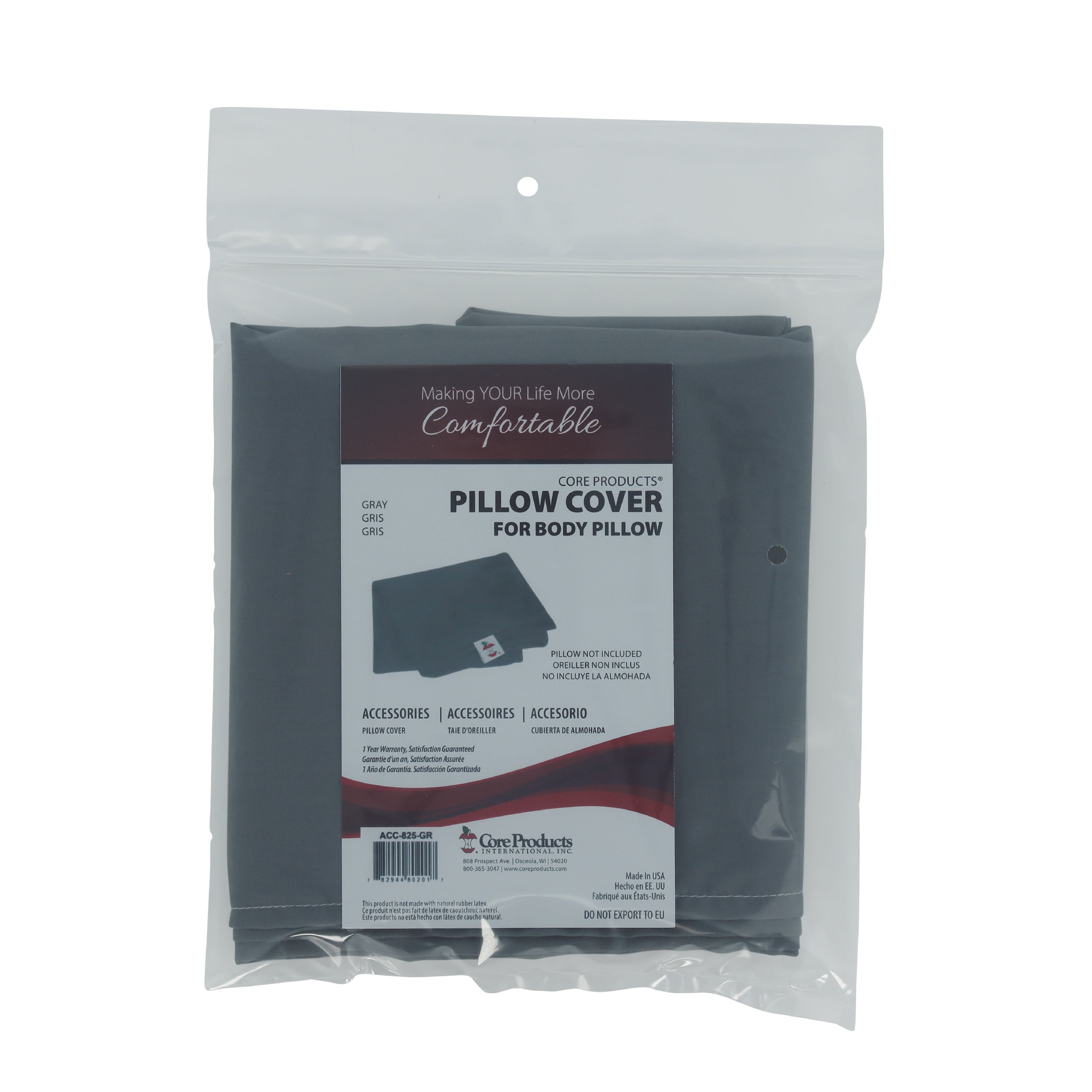 Packaged Core Products® Pillow Cover for Body Pillow in gray, displayed in a clear retail bag with a branded insert. Visible text includes “Making YOUR Life More Comfortable,” “PILLOW COVER FOR BODY PILLOW,” “Accessories,” and “Pillow Not Included.” The folded gray replacement cover is shown through the packaging, designed to fit the Core Products Body Pillow and provide a soft, washable protective cover.