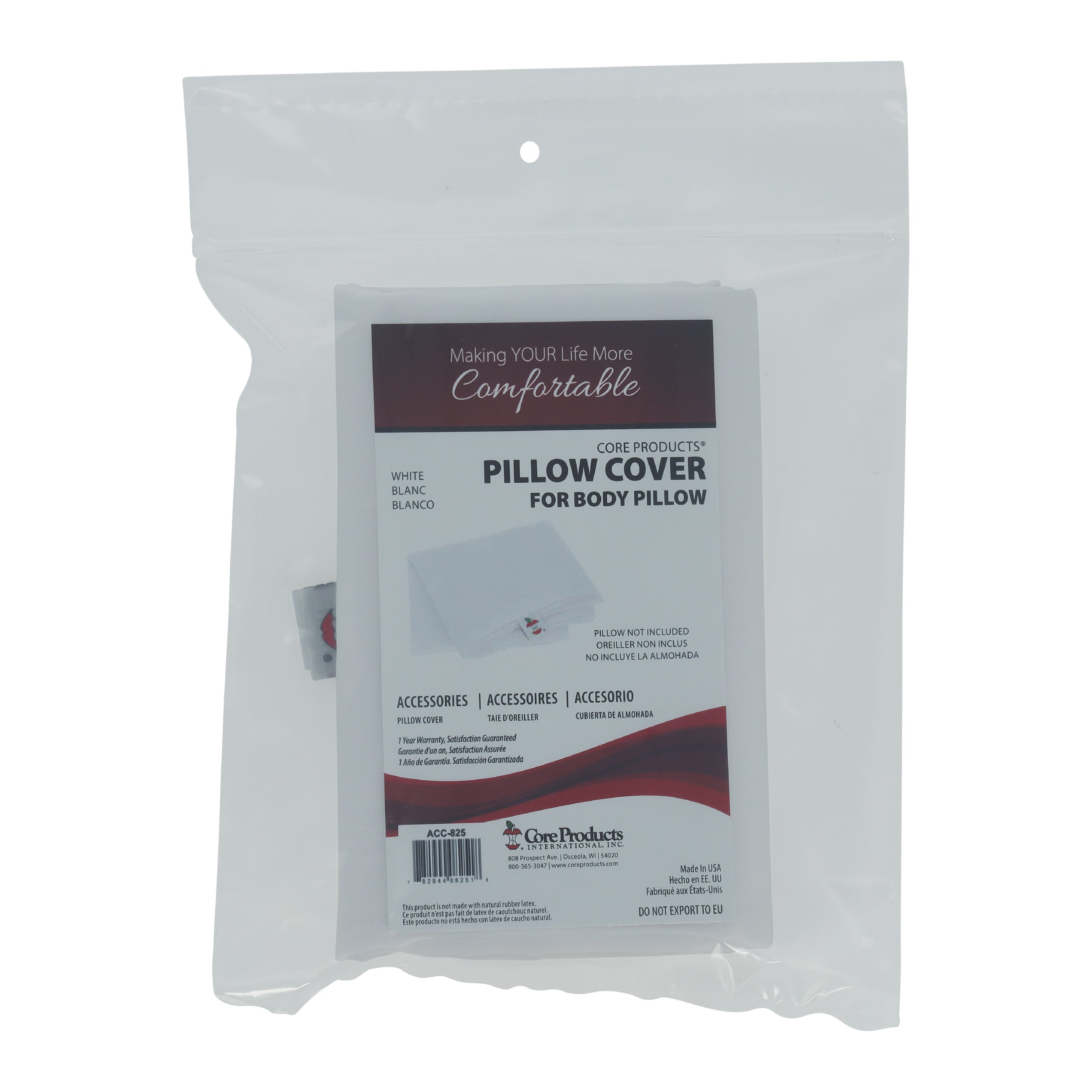 Packaged Core Products® Pillow Cover for Body Pillow in white, displayed in a clear retail bag with a branded insert. Visible text includes “Making YOUR Life More Comfortable,” “PILLOW COVER FOR BODY PILLOW,” “Accessories,” and “Pillow Not Included.” The folded white replacement cover is shown through the packaging, designed to fit the Core Products Body Pillow and provide a soft, washable protective cover.
