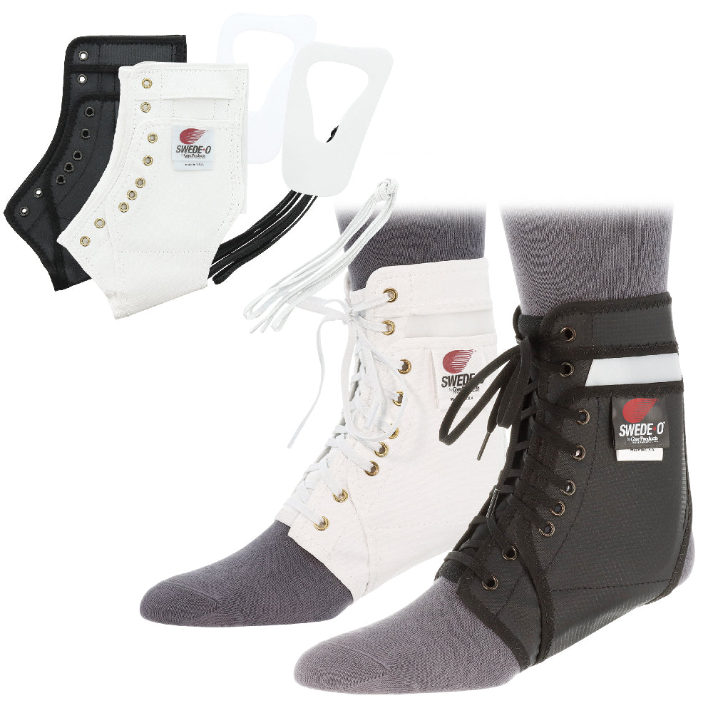 Swede-O Ankle Lok Brace (AKL-6331) shown in black and white color options, featuring a lace-up ankle support design with removable side stabilizers, laces, and plastic inserts. The image displays the brace worn on both ankles and includes separate components to highlight the customizable support system. Swede-O branding is visible on each brace, emphasizing ankle stability, protection, and injury prevention for sports and everyday activities.