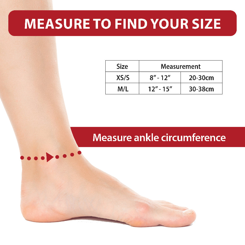 FootFlexor® Ankle Foot Orthosis sizing guide showing how to measure ankle circumference to determine the correct size. A dotted line wraps around the narrowest part of the ankle to indicate the measurement location. The sizing chart lists:

XS/S: Fits ankle circumferences of 8–12 inches (20–30 cm)
M/L: Fits ankle circumferences of 12–15 inches (30–38 cm)

The image emphasizes measuring around the ankle before selecting a brace size to ensure proper fit and support.