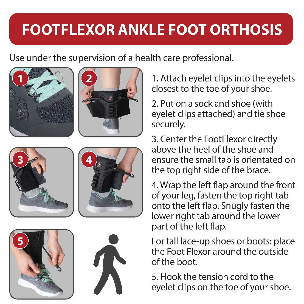 Instructional guide for applying the FootFlexor® Ankle Foot Orthosis. Image includes five numbered photos demonstrating the setup process and accompanying written instructions. Steps show attaching eyelet clips to the shoe laces, putting on the shoe and brace, positioning the brace above the heel, securing the wraparound straps around the lower leg, and connecting the tension cord to the shoe clips. Additional guidance notes that the brace should be used under the supervision of a healthcare professional.