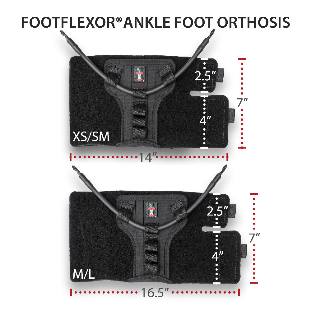 Sizing chart for the FootFlexor® Ankle Foot Orthosis showing two available sizes. The XS/SM model measures approximately 14 inches wide by 7 inches tall, while the M/L model measures approximately 16.5 inches wide by 7 inches tall. Both versions feature the same semi-rigid center panel, adjustable wraparound closure, and tension-cord attachment system. Additional callouts indicate a 2.5-inch upper strap section and a 4-inch lower strap section. The image highlights the dimensional differences between sizes 