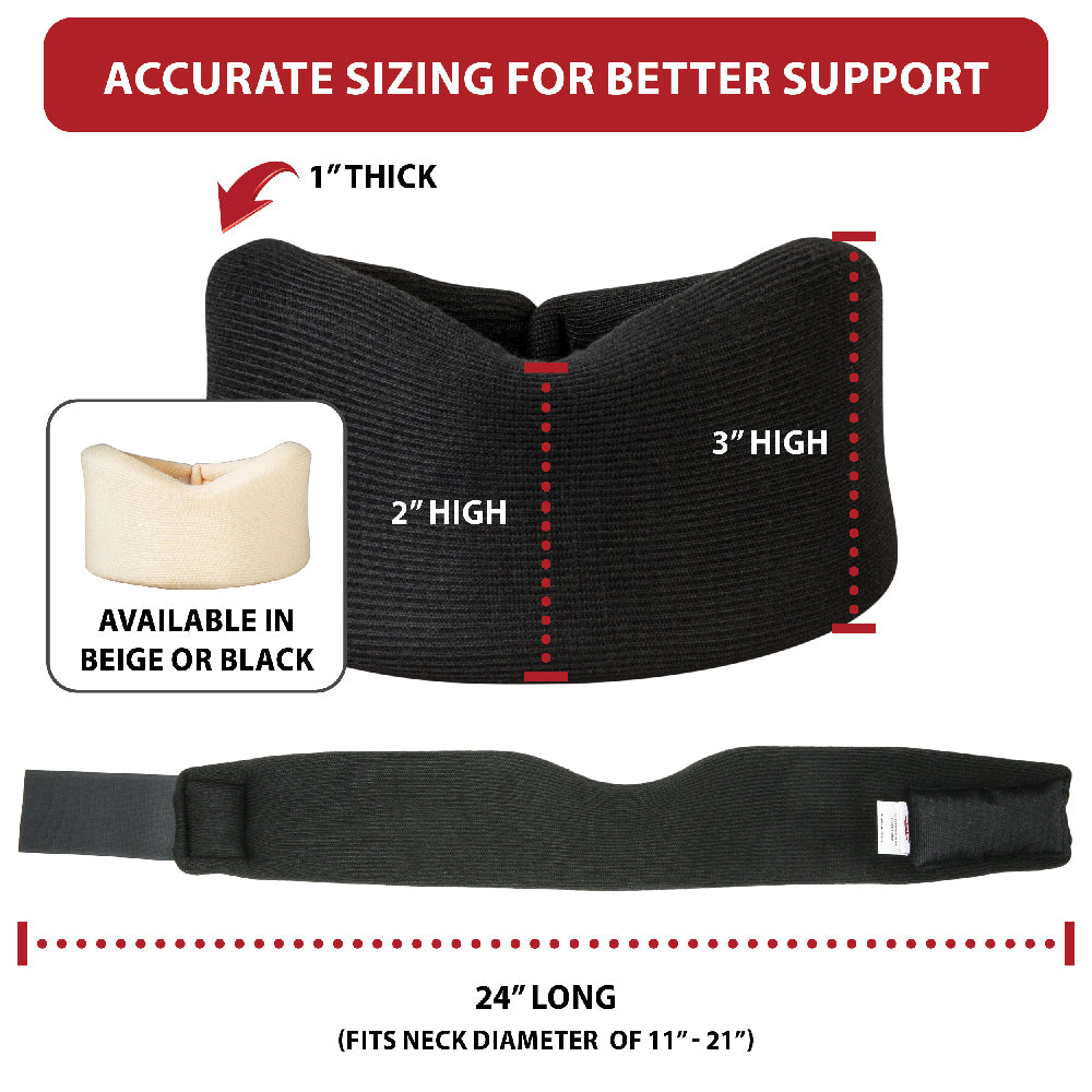 Black foam cervical collar sizing guide showing contoured front and side views. Dimensions indicate the collar is 1 inch thick, 24 inches long, with a 2-inch center height and 3-inch side height. Text notes it is available in beige or black and fits neck diameters from 11 to 21 inches.