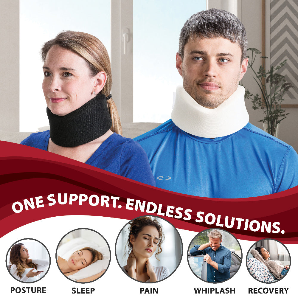 Two people wearing foam cervical collars in black and white are shown indoors, demonstrating neck support for everyday use and recovery. Banner text reads “One Support. Endless Solutions.” with icons below representing posture, sleep, pain relief, whiplash support, and recovery.