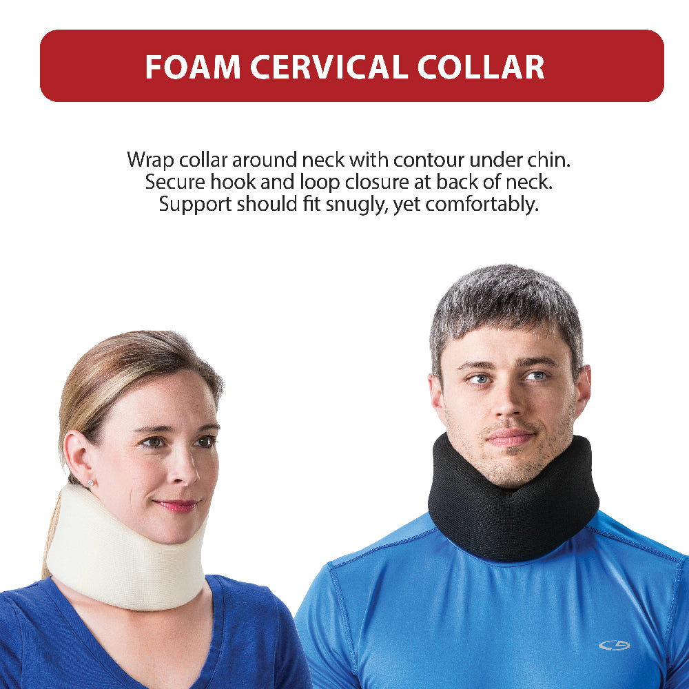 Foam cervical collar shown on two people wearing the support around their necks in beige and black styles. Instructional text explains to wrap the collar around the neck with the contour under the chin and secure the hook-and-loop closure at the back for a snug, comfortable fit.
