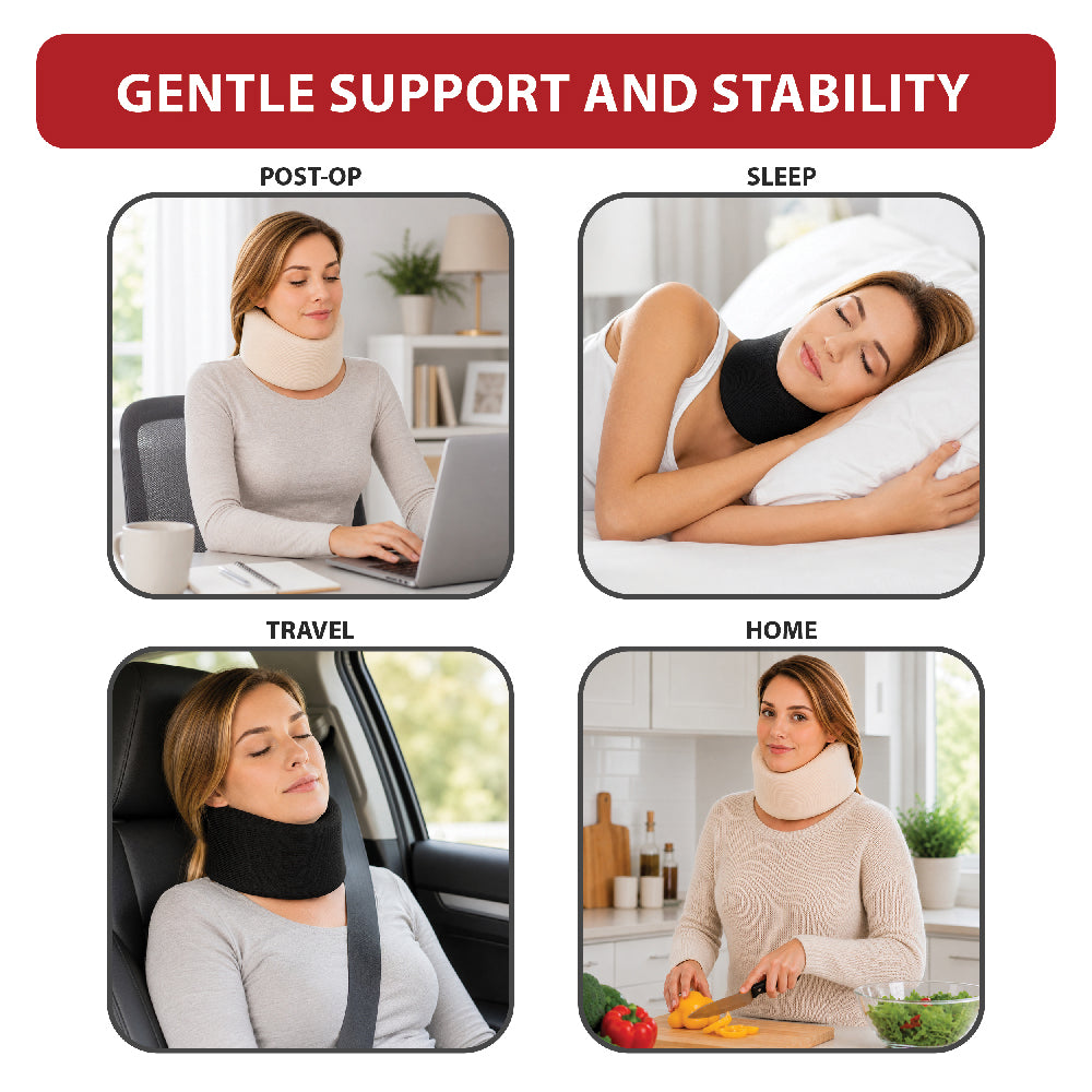 Foam cervical neck collar shown in four lifestyle scenes labeled post-op, sleep, travel, and home. Different people wear the soft support collar while working at a desk, sleeping, riding in a car, and preparing food, demonstrating gentle neck support and stability for daily activities and recovery.