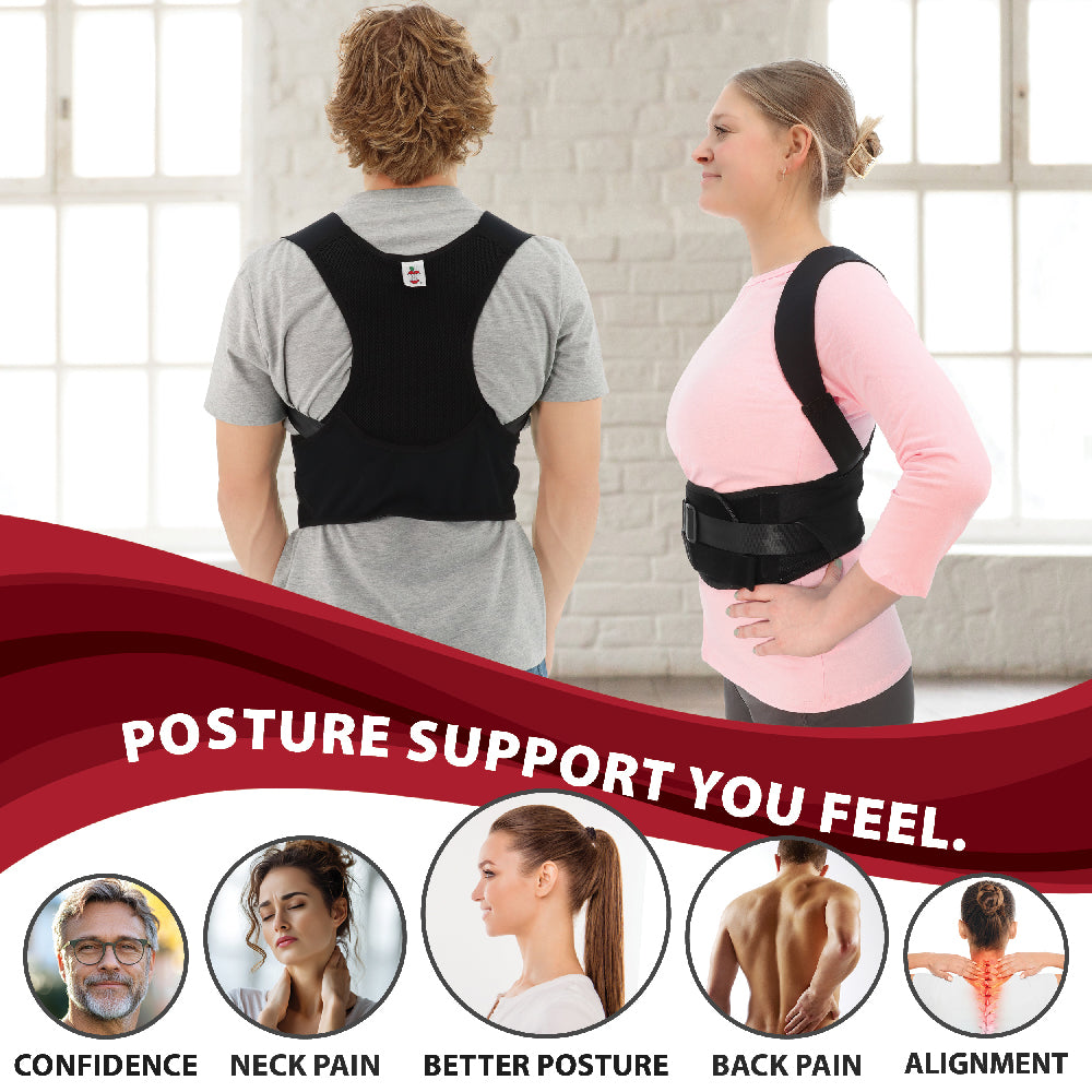 Core Products® Perfect Posture Corrector worn by two models, shown from back and side views. The black posture support brace features adjustable shoulder straps and a wide torso band designed to promote proper spinal alignment and reduce slouching. Visible text reads “POSTURE SUPPORT YOU FEEL.” Icons below highlight benefits including Confidence, Neck Pain, Better Posture, Back Pain, and Alignment. Ideal for daily posture support and upper back comfort.