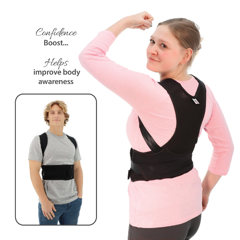 Core Products® Perfect Posture Corrector worn by a woman shown from the back, demonstrating improved posture and confidence. An inset image shows a man wearing the posture brace from the front. Visible text reads: “Confidence Boost… Helps improve body awareness.” The black posture support features wide shoulder straps and an adjustable waist band designed to encourage proper alignment, reduce slouching, and provide comfortable daily posture support.