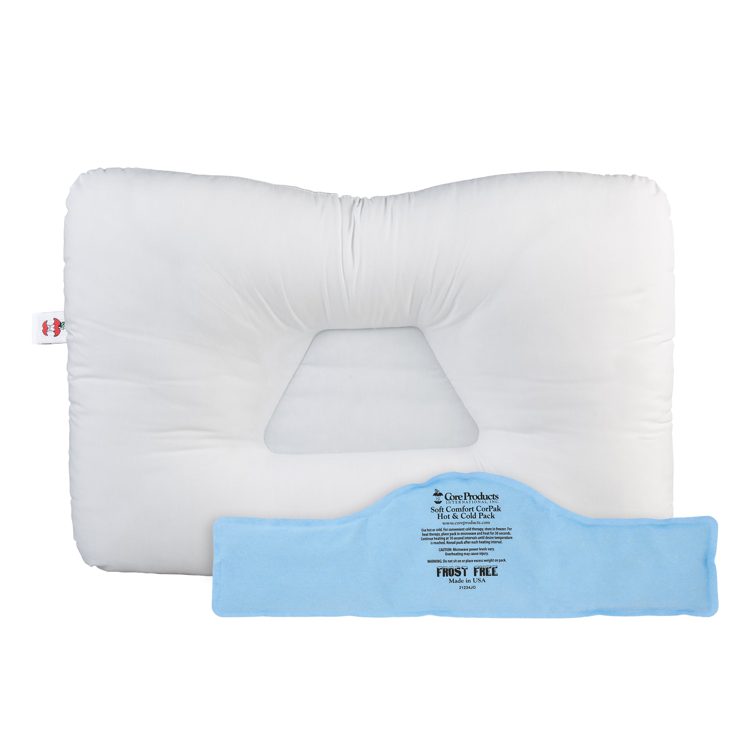 White Full Size Tri-Core Cervical Pillow with a Cervical (6" x 20") Soft Comfort Hot or Cold Corpak