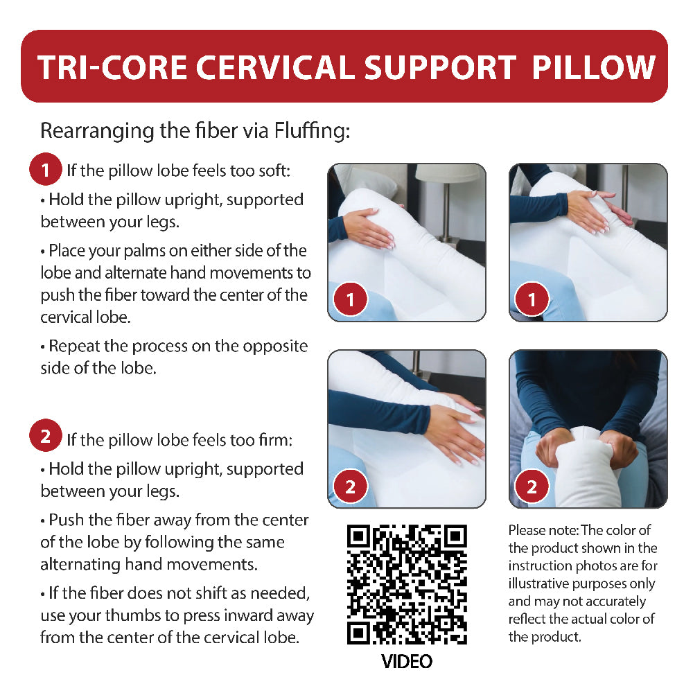 Core Products Tri-Core Cervical Support Pillow instructions for adjusting fiber fill by fluffing. Text reads “TRI-CORE CERVICAL SUPPORT PILLOW” and explains steps for soft or firm feel with images showing hand placement. Includes QR code labeled “VIDEO” and note about product color variation in instructional photos.