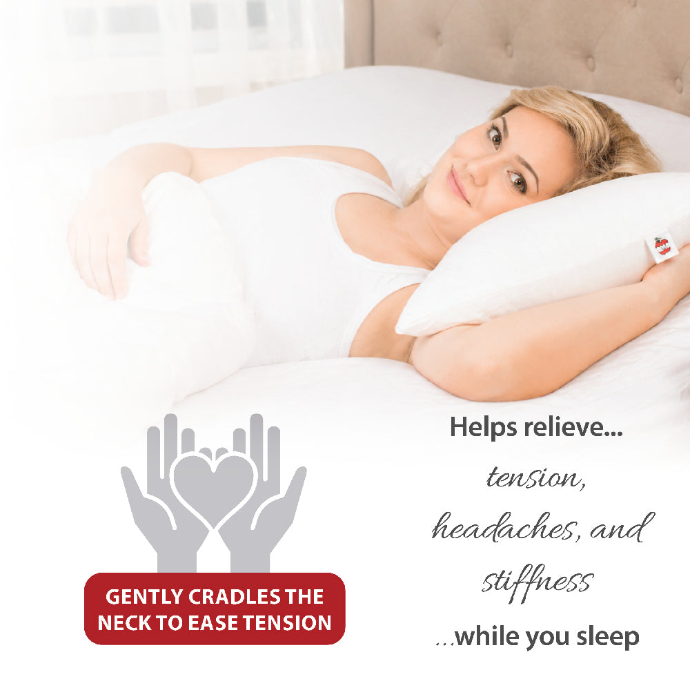 Woman resting comfortably on a white Bowtie neck support pillow designed to gently cradle the neck and promote restful sleep. Visible text reads “Helps relieve… tension, headaches, and stiffness …while you sleep” and “Gently cradles the neck to ease tension.” Ergonomic pillow provides neck support, spinal alignment, and pressure relief to improve sleep comfort and reduce nighttime discomfort.