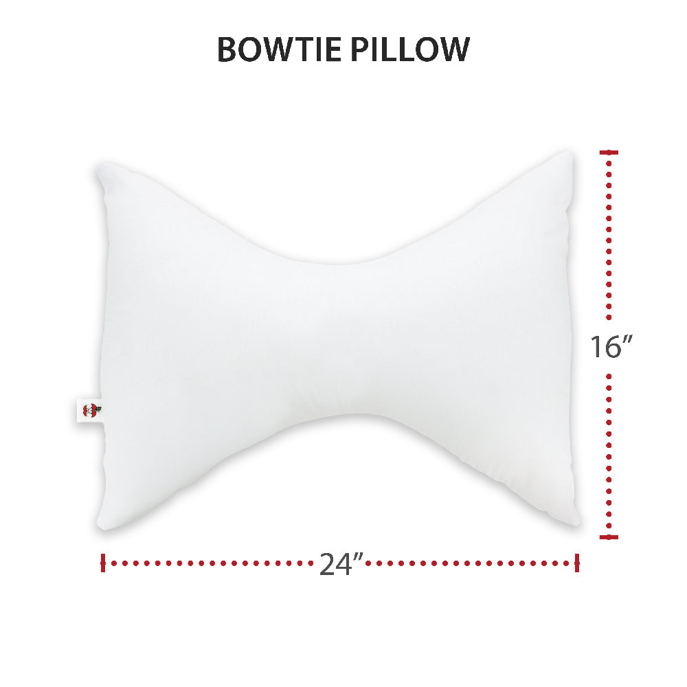 White Bowtie Pillow with ergonomic contoured hourglass shape designed for neck, shoulder, and head support during sleep. Image displays pillow dimensions measuring 24 inches wide by 16 inches tall. Therapeutic cervical pillow helps promote proper spinal alignment, reduce neck pain and stiffness, and improve sleep comfort for side and back sleepers.