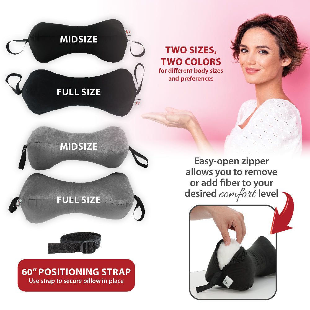 Core Products Sleep Log Bone Shaped Neck and Lumbar support pillow collection shown in midsize and full size options, available in black and gray to suit different preferences. Features an easy-open zipper design that allows you to adjust the fiber fill for personalized comfort, along with a 60" positioning strap to keep the pillow securely in place during use.