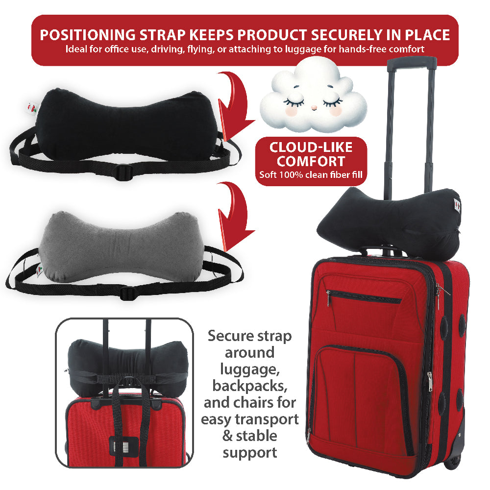 Core Products Sleep Log Bone Shaped Neck Pillow or Lumbar support is shown with an adjustable positioning strap designed to keep the product securely in place. The soft, fiber-filled pillow offers cloud-like comfort and can be attached to luggage, backpacks, or chairs for hands-free.