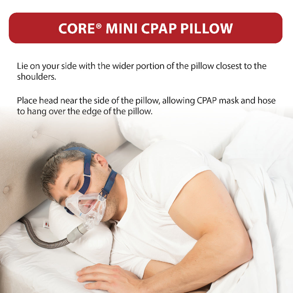 Core Products® Mini CPAP Pillow instructions showing a man sleeping on his side with a CPAP mask and hose. Text reads: “Lie on your side with the wider portion of the pillow closest to the shoulders. Place head near the side of the pillow, allowing CPAP mask and hose to hang over the edge of the pillow.” The white contoured pillow provides mask and hose clearance for more comfortable side sleeping.