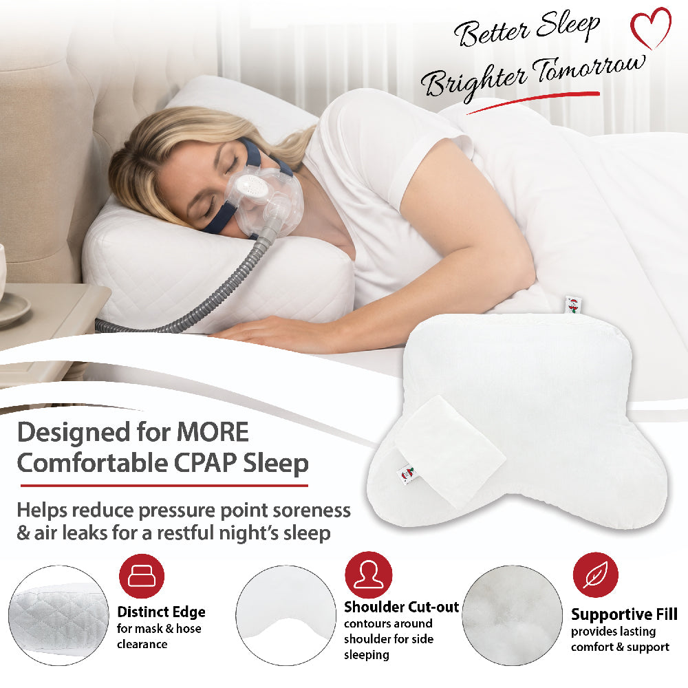 Core Products CPAP Pillow shown supporting a woman sleeping on her side with a CPAP mask. Text reads: “Better Sleep Brighter Tomorrow,” “Designed for MORE Comfortable CPAP Sleep,” and “Helps reduce pressure point soreness & air leaks for a restful night’s sleep.” Features include a distinct edge for mask and hose clearance, shoulder cut-out for side sleeping, and supportive fill for lasting comfort and support.