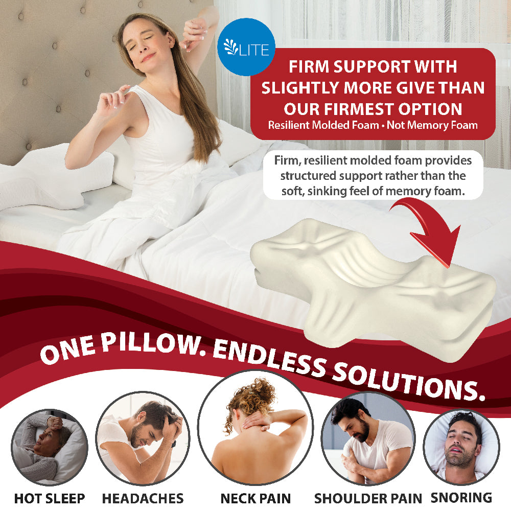 Therapeutica LITE Orthopedic Sleeping Pillow shown in a bedroom setting with a woman stretching comfortably beside the contoured Gray pillow. Graphic includes text “One Pillow. Endless Solutions.” with icons highlighting benefits for “Hot Sleep,” “Headaches,” “Neck Pain,” “Shoulder Pain,” and “Snoring,” emphasizing versatile support and improved sleep comfort. The Lite variation has a slight more give than the standard.
