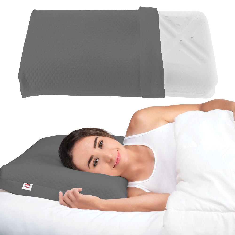Woman lying on her side using a gray Tri-Core Ultimate Cervical Pillow, with a gray removable cover shown above partially pulled off to reveal the inner pillow. Designed to support proper head and neck alignment for comfortable sleep.