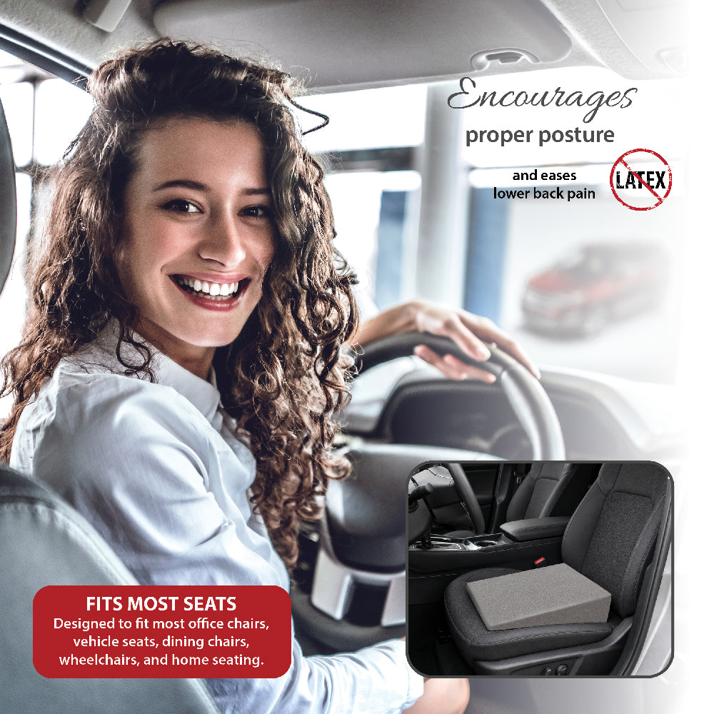 Core Products Stress Wedge seat cushion shown in a car seat with a woman driving. Designed to encourage proper posture and ease lower back pain. Visible text: “Encourages proper posture and eases lower back pain,” “Latex,” and “Fits Most Seats—Designed to fit most office chairs, vehicle seats, dining chairs, wheelchairs, and home seating.”