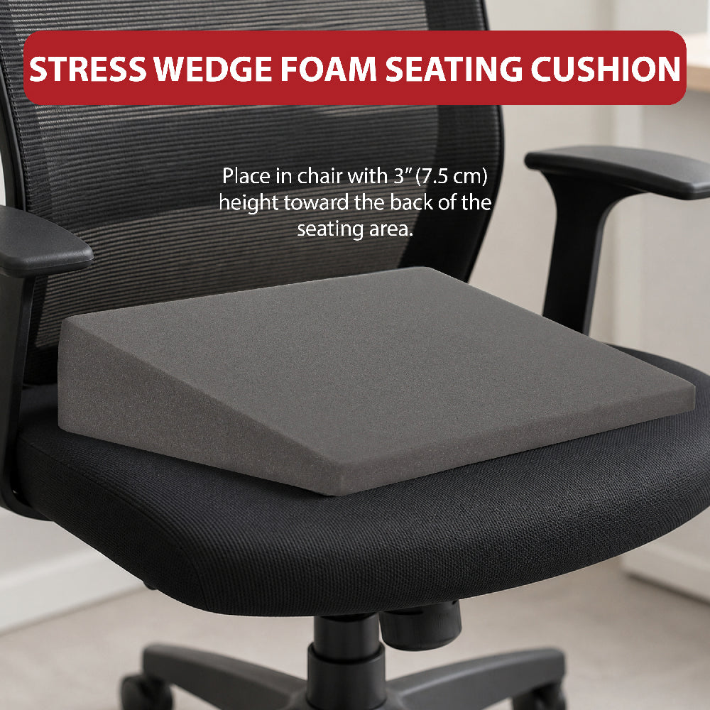 Core Products Stress Wedge Foam Seating Cushion shown positioned on an office chair. Visible text reads “Stress Wedge Foam Seating Cushion” and “Place in chair with 3” (7.5 cm) height toward the back of the seating area.” The gray wedge-shaped foam cushion is angled to support comfortable sitting and proper positioning.