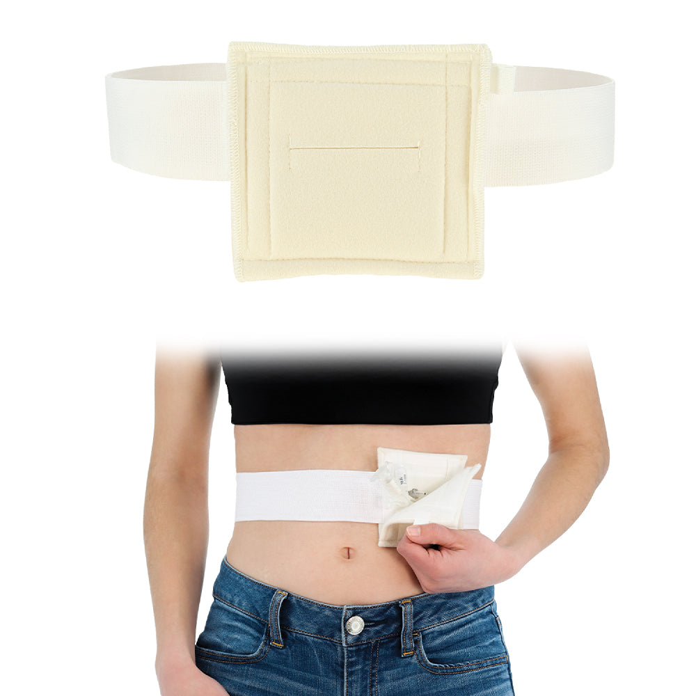 A two-panel product image for the Core Products NelMed G-Tube Holder. The top panel shows the cream-colored medical belt laid flat with a closed square pouch and soft elastic waistband. The bottom panel shows a woman wearing the belt around her midsection, lifting the front hook-and-loop flap to demonstrate access to a feeding tube without tape.