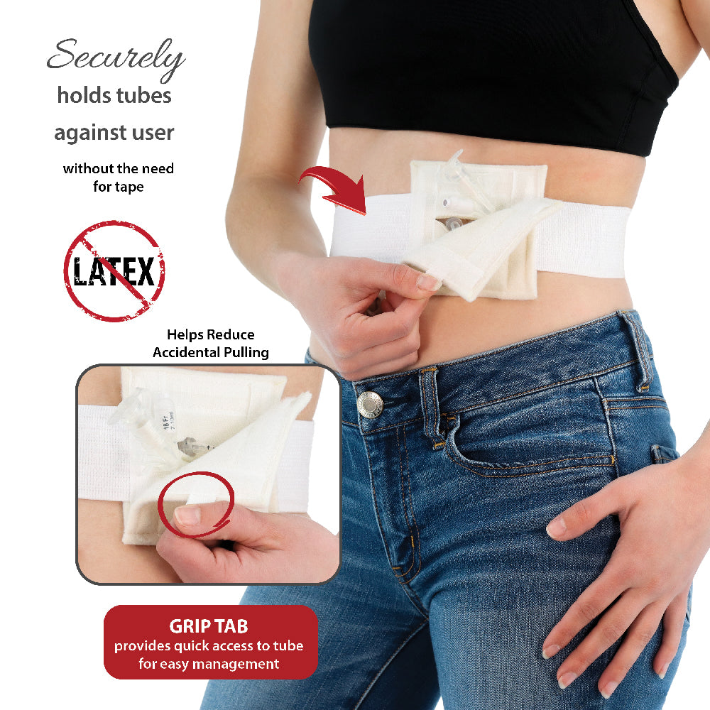 A person wearing blue jeans and a black top demonstrates how a white NelMed G-Tube Holder is applied to the abdomen, with text callouts and inset close-up showing the product in use.