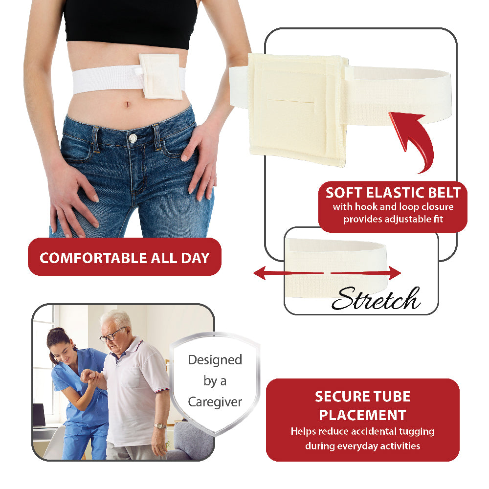 A NelMed G-Tube Holder shown on a cropped model torso, with inset diagrams explaining the soft elastic strap, stretch, hook-and-loop closure, and secure tube placement. Red text boxes say 'Comfortable all day,' 'Secure tube placement,' and 'Designed by a caregiver.