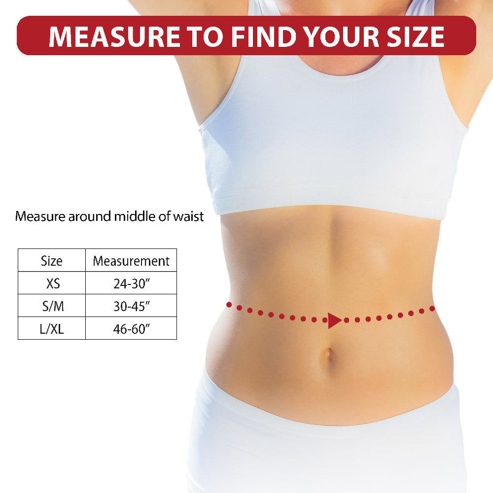 Instructional sizing graphic for the NelMed G-Tube Holder showing a woman's midsection with text reading 'MEASURE TO FIND YOUR SIZE,' a measurement table for waist sizes XS, S/M, and L/XL, and a red dotted measurement line across the waist.