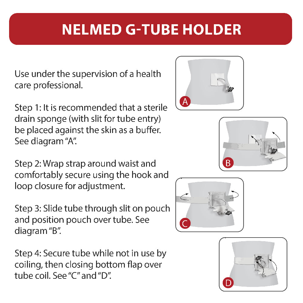 Instruction diagram for a NELMED G-TUBE HOLDER showing four labeled steps (A through D) with a waist strap and tube placement, plus a red header reading 'NELMED G-TUBE HOLDER' on a white background.
