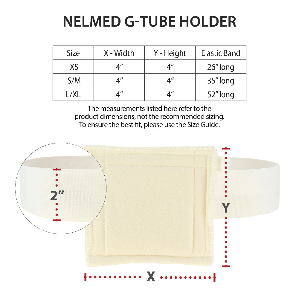 Size chart and product diagram for a NELMED G-TUBE holder. The image includes a size table forXS, S/M, and L/XL with width, height, and elastic band lengths, plus a photo of the holder with measurement callouts showing 2 inches width and Y and X height dimensions.