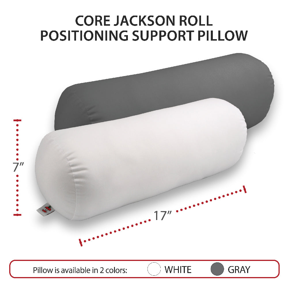  Core Jackson Roll Positioning Support Pillow shown in white and gray with dimensions 17" length and 7" diameter. Text reads “Core Jackson Roll Positioning Support Pillow” and “Pillow is available in 2 colors: White, Gray,” highlighting versatile cylindrical design for neck, back, knee, and leg support.