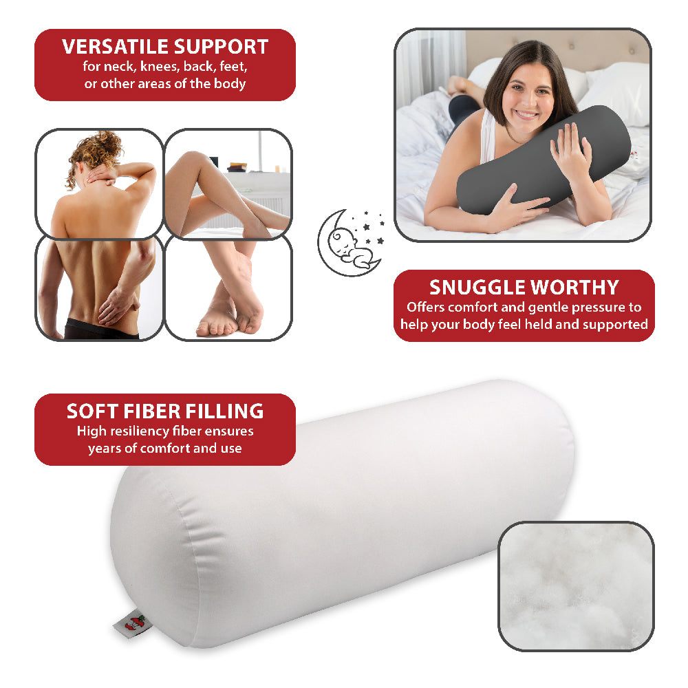 Core Products Jackson Roll fiber positioning pillow shown with “Versatile Support” for neck, knees, back, and feet. Text highlights “Snuggle Worthy” comfort and “Soft Fiber Filling,” emphasizing gentle pressure, body support, durability, and long-lasting comfort for sleep and relaxation.