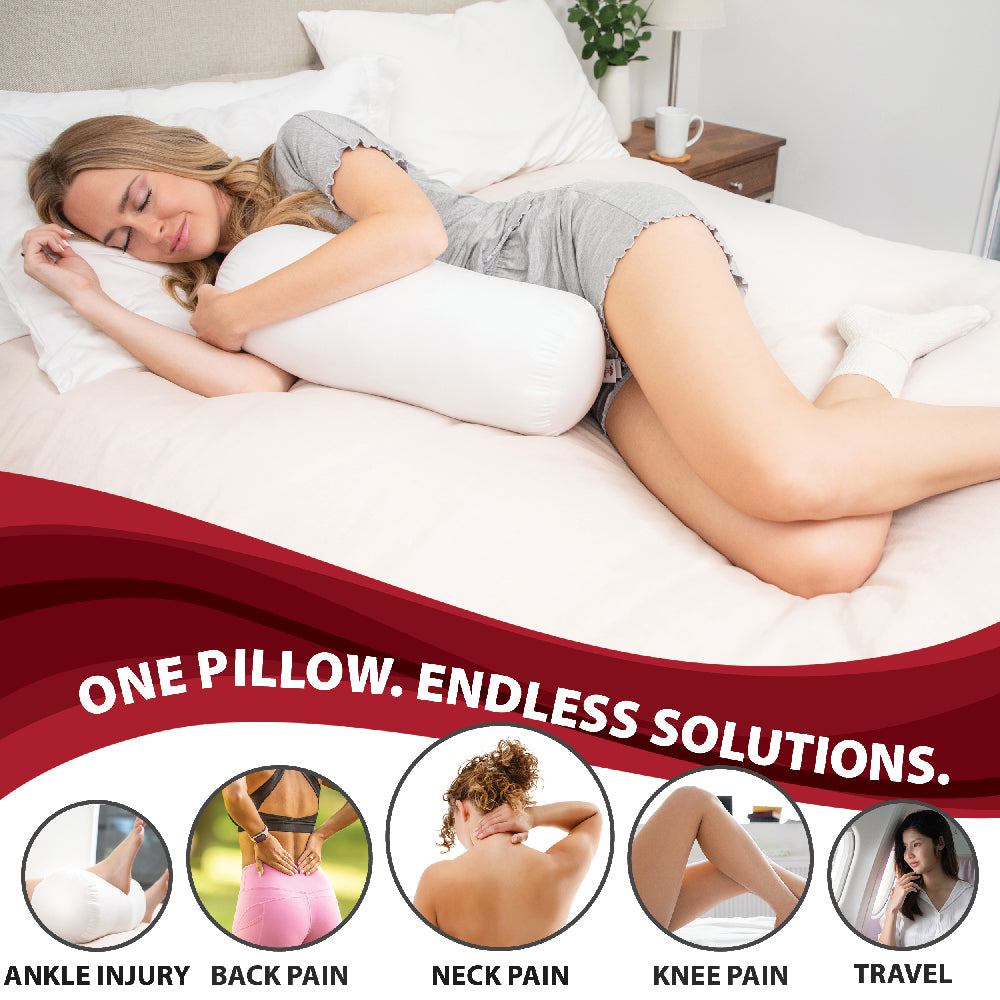 Core Jackson Roll fiber positioning pillow shown supporting a woman side sleeping for comfort and body alignment. Text reads “One Pillow. Endless Solutions.” with icons highlighting uses: ankle injury, back pain, neck pain, knee pain, and travel, emphasizing versatile support and pressure relief.