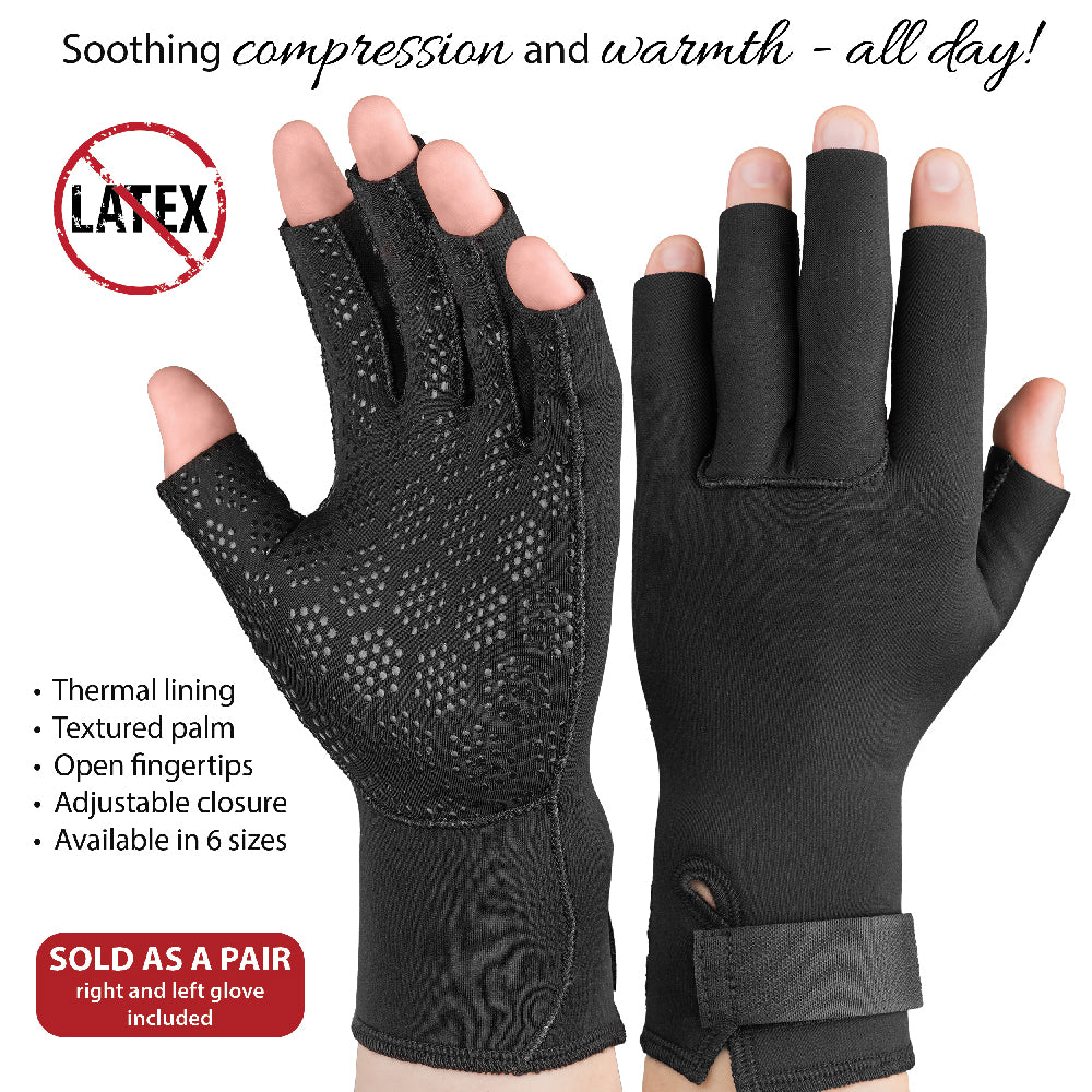Swede-O® Thermal Arthritis Gloves (WST-6838) shown in black with palm and back-of-hand views, featuring a thermal lining, textured palm grip, open fingertips, and adjustable wrist closure. Visible text includes “Soothing compression and warmth – all day!”, “LATEX” with a crossed-out symbol, “Thermal lining,” “Textured palm,” “Open fingertips,” “Adjustable closure,” “Available in 6 sizes,” and “SOLD AS A PAIR right and left glove included.” Designed to provide warmth, compression, and arthritis pain relief.