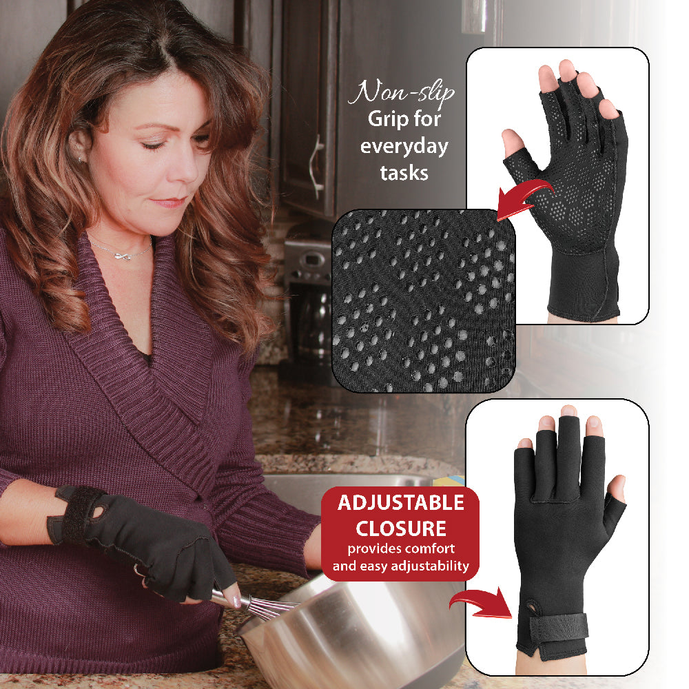 Swede-O® Thermal Arthritis Gloves (WST-6838) shown in use while preparing food in a kitchen. A woman wears the black fingerless compression gloves featuring a non-slip grip pattern and adjustable wrist closure. Insets highlight the textured palm surface and secure wrist strap. Visible text includes “Non-slip Grip for everyday tasks” and “ADJUSTABLE CLOSURE provides comfort and easy adjustability.” Designed to deliver warmth, compression, comfort, and support for arthritis, stiffness, and hand pain.