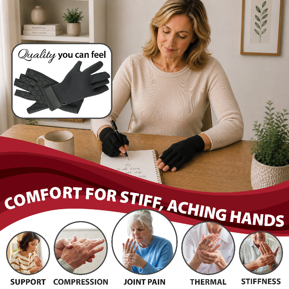 Swede-O® Thermal Arthritis Gloves (WST-6838) worn by a woman writing at a desk, demonstrating everyday comfort and hand support. An inset shows the black fingerless gloves with textured grip and adjustable wrist closure. Visible text includes “Quality you can feel” and “COMFORT FOR STIFF, ACHING HANDS.” Icons highlight key benefits: “SUPPORT,” “COMPRESSION,” “JOINT PAIN,” “THERMAL,” and “STIFFNESS.” Designed to provide warmth, compression, and relief for arthritis-related hand discomfort.