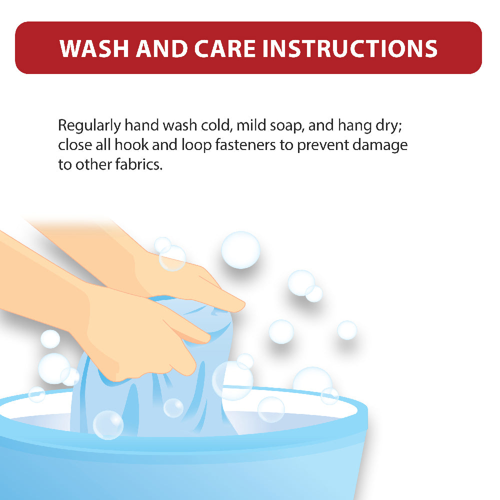 Swede-O® Thermal Arthritis Gloves (WST-6838) wash and care instructions graphic. Visible text includes “WASH AND CARE INSTRUCTIONS” and “Regularly hand wash cold, mild soap, and hang dry; close all hook and loop fasteners to prevent damage to other fabrics.” An illustration shows hands hand-washing fabric in soapy water. The image provides cleaning and maintenance guidance to help preserve the gloves’ compression, fit, and durability.