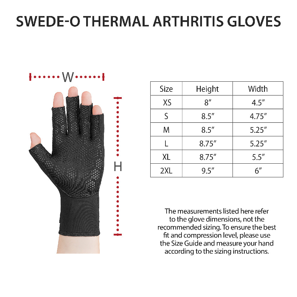 Swede-O® Thermal Arthritis Gloves (WST-6838) size chart showing glove dimensions by size from XS to 2XL. Visible text includes “SWEDE-O THERMAL ARTHRITIS GLOVES” and a table listing height and width measurements: XS 8" x 4.5", S 8.5" x 4.75", M 8.5" x 5.25", L 8.75" x 5.25", XL 8.75" x 5.5", and 2XL 9.5" x 6". A glove diagram labels width (W) and height (H) measurement points for sizing reference.