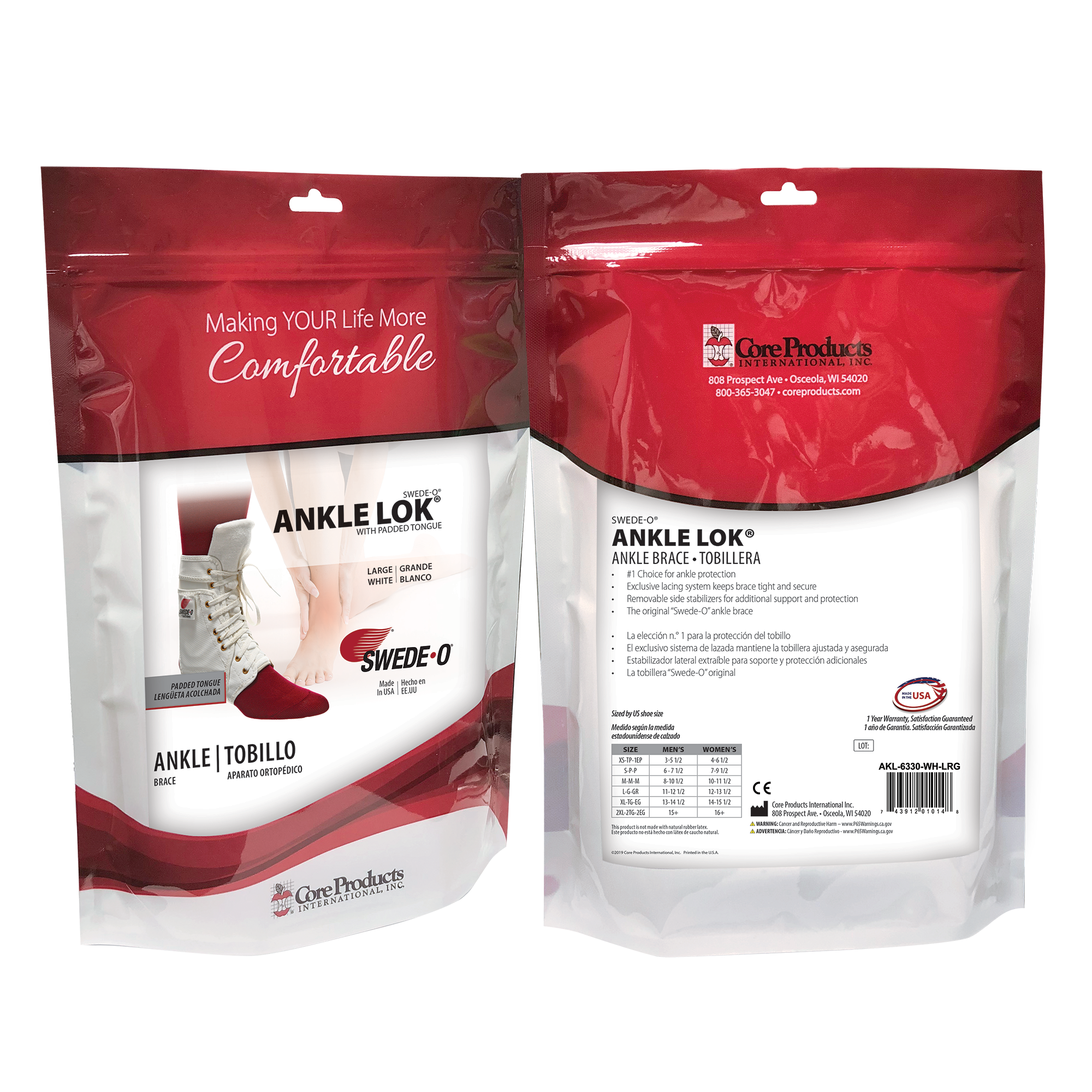 Swede-O Ankle Lok Brace, Padded Tongue, White