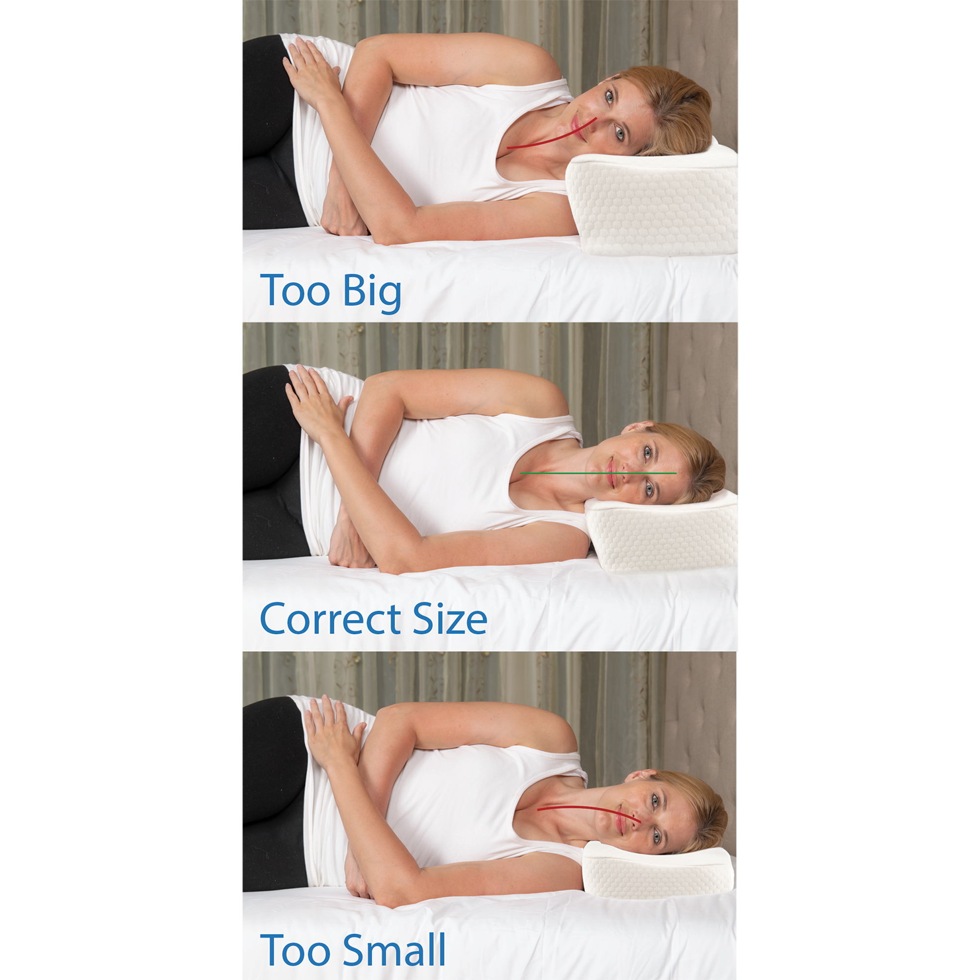 A graphic of a woman demonstrating the correct fit for a Core Products International pillow. 