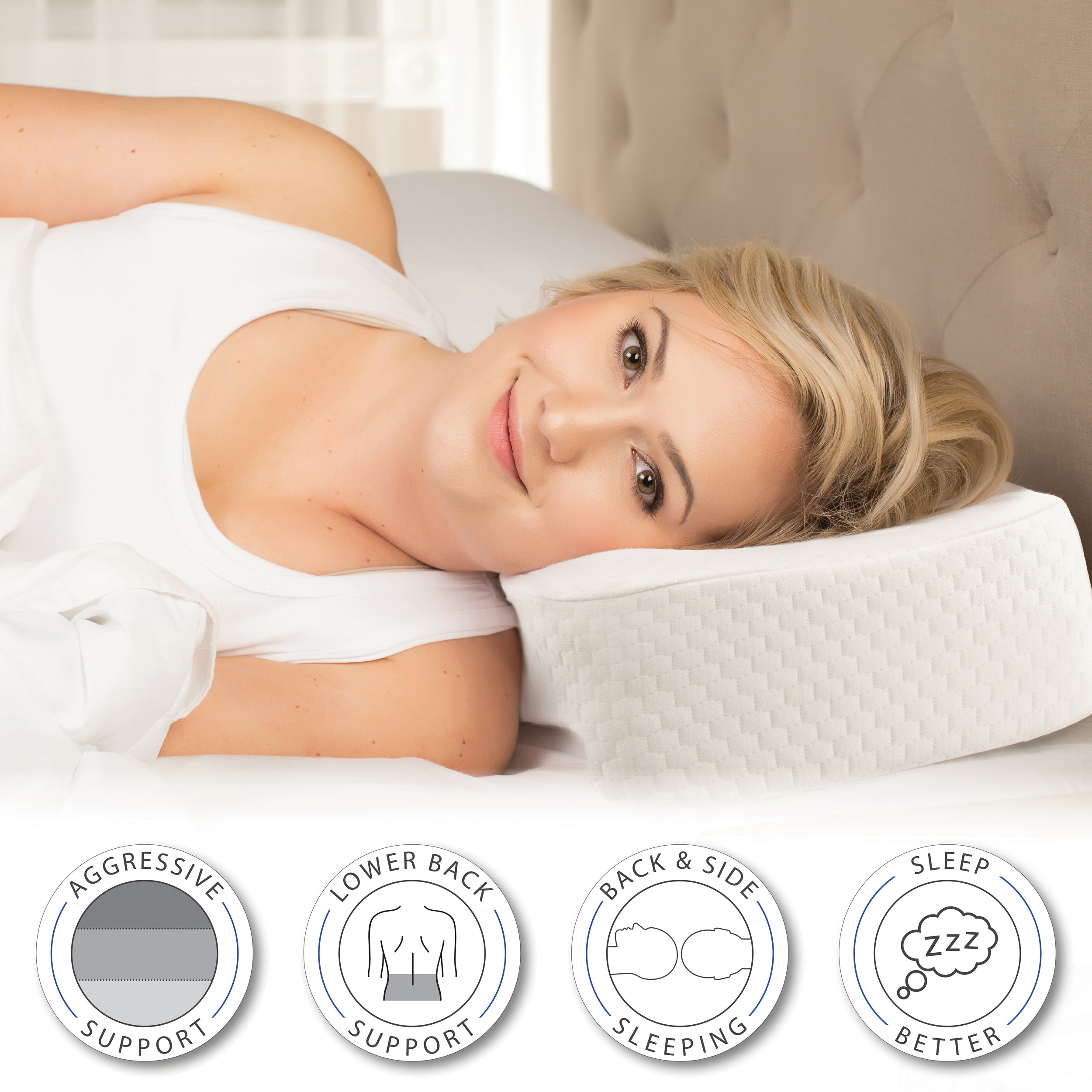 Woman laying on a core products international foam orthopedic pillow. 